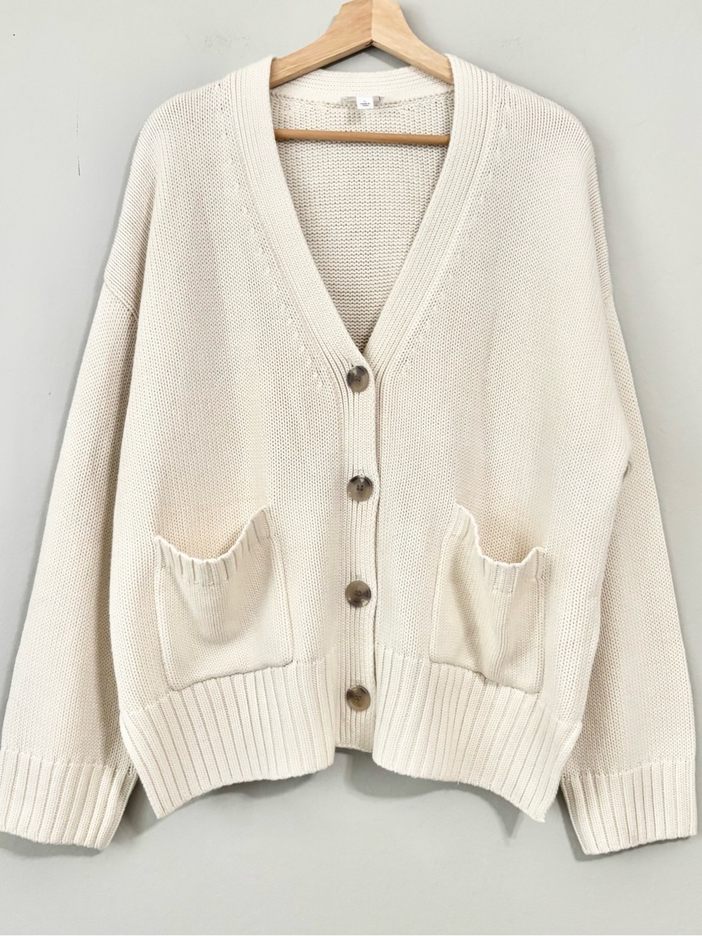 The Drop beige cream oversized chunky knit button up sweater cardigan